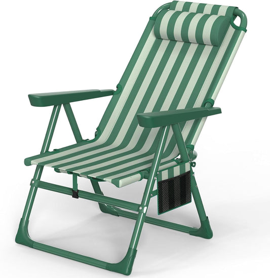 PNKKODW Backpack Beach Chair, 6-Positions Beach Chairs for Adults with Cooler Bag, Reclining Beach Chair with Cup Holder Folding Camping Chair for Sand Outdoor Olive Green