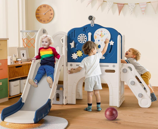 PNKKODW 154lbs Astronaut Themed 10 in 1 Toddler Slide for Toddlers Aged 1-3 w/ Astronaut Moon Cloud Star Phone Call Basketball Hoop Toddler Slide Playset Kids Playground Slide
