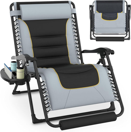 PNKKODW 33Inch 300lbs Oversized Padded Zero Gravity Chair, XXL Reclining Camping Lounge Chair with Large Cup Holder & Footrest, Reclining Patio Chairs Folding Recliner for Outdoor Indoor, Gray