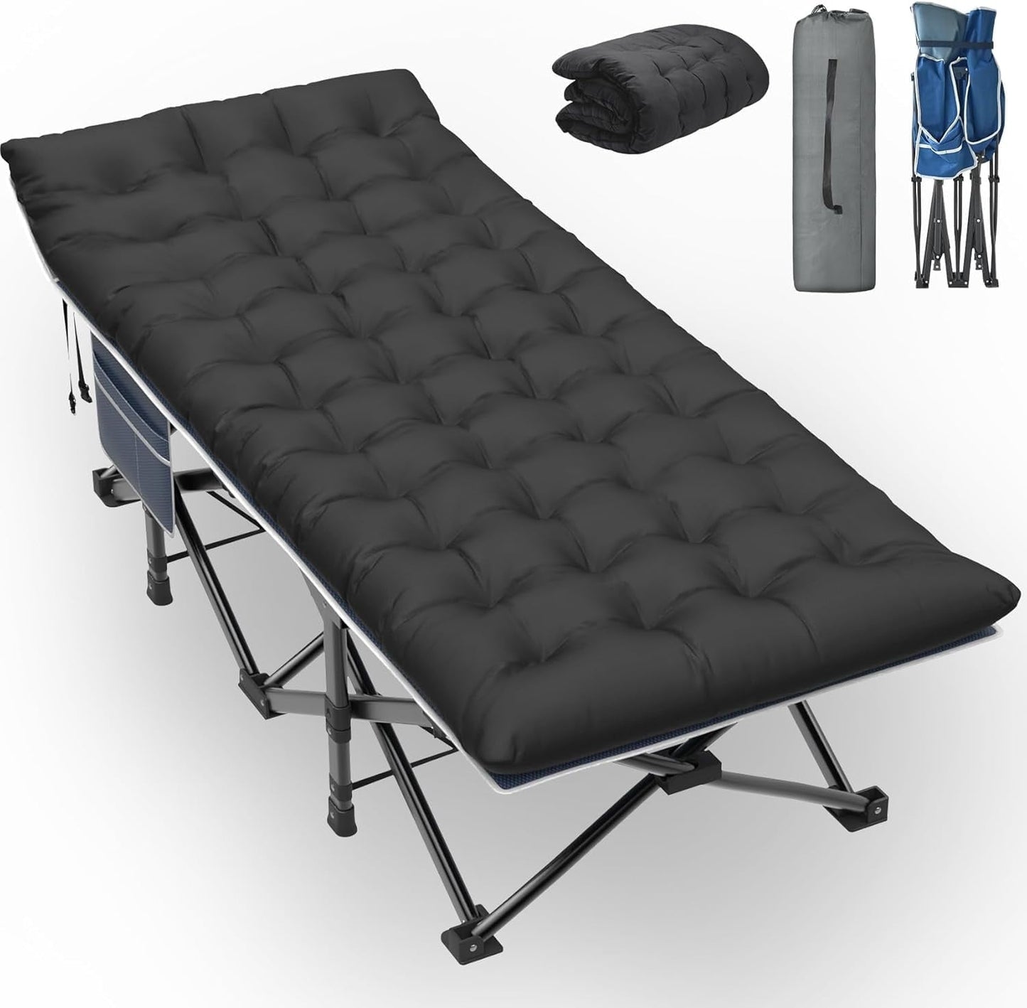 PNKKODW 75"x32" XXL Folding Camping Cot for Adults with Mattress, Portable Camping Bed, Sleeping Cot with Carry Bag for Office Home Nap, Outdoor, Camping, Travel, Max Load 500lbs Blue Cot Black Pad