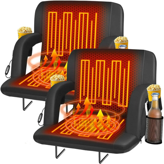 PNKKODW 25" 2PCS Foldable Heated Stadium Seats for Bleachers with Back Support and Wide Cushion, Extra Portable Bleacher Seat, USB 3 Levels of Heat, 5 Pockets for Outdoor Camping Games Sports