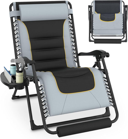 PNKKODW 29" XL 300lbs Oversized Padded Zero Gravity Chair Reclining Camping Lounge Chair with Large Cup Holder & Footrest, Reclining Patio Chairs, Folding Recliner Chair for Outdoor Indoor, Gray