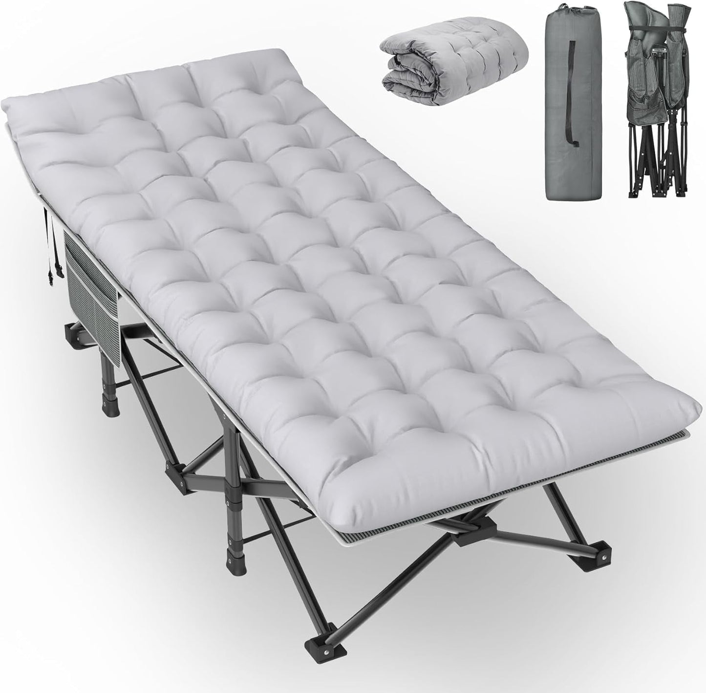 PNKKODW 75"x32" XXL Folding Camping Cot for Adults with Mattress, Portable Camping Bed with Carry Bag for Office Home Nap, Outdoor, Camping, Travel, Max Load 500lbs Stripe Grey Cot Grey Pad