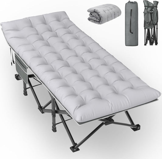 PNKKODW 75"x32" XXL Folding Camping Cot for Adults with Mattress, Portable Camping Bed with Carry Bag for Office Home Nap, Outdoor, Camping, Travel, Max Load 500lbs Stripe Grey Cot Grey Pad