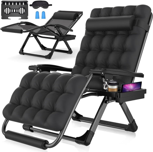 PNKKODW Oversized Zero Gravity Chair,33In XXL Lounge Chair w/Removable Cushion&Headrest, Reclining Camping Chair w/Upgraded Lock and Footrest, Reclining Patio Chairs Recliner for Indoor Outdoor Black