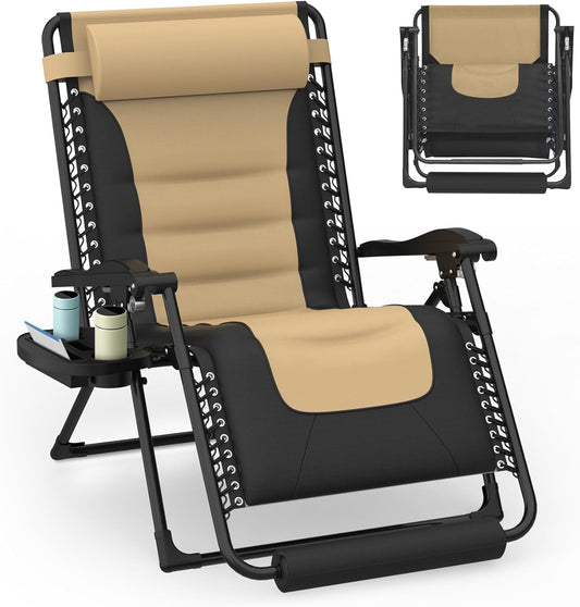 PNKKODW 29" XL 300lbs Oversized Padded Zero Gravity Chair Reclining Camping Lounge Chair with Large Cup Holder & Footrest, Reclining Patio Chairs, Folding Recliner Chair for Outdoor Indoor, Khaki