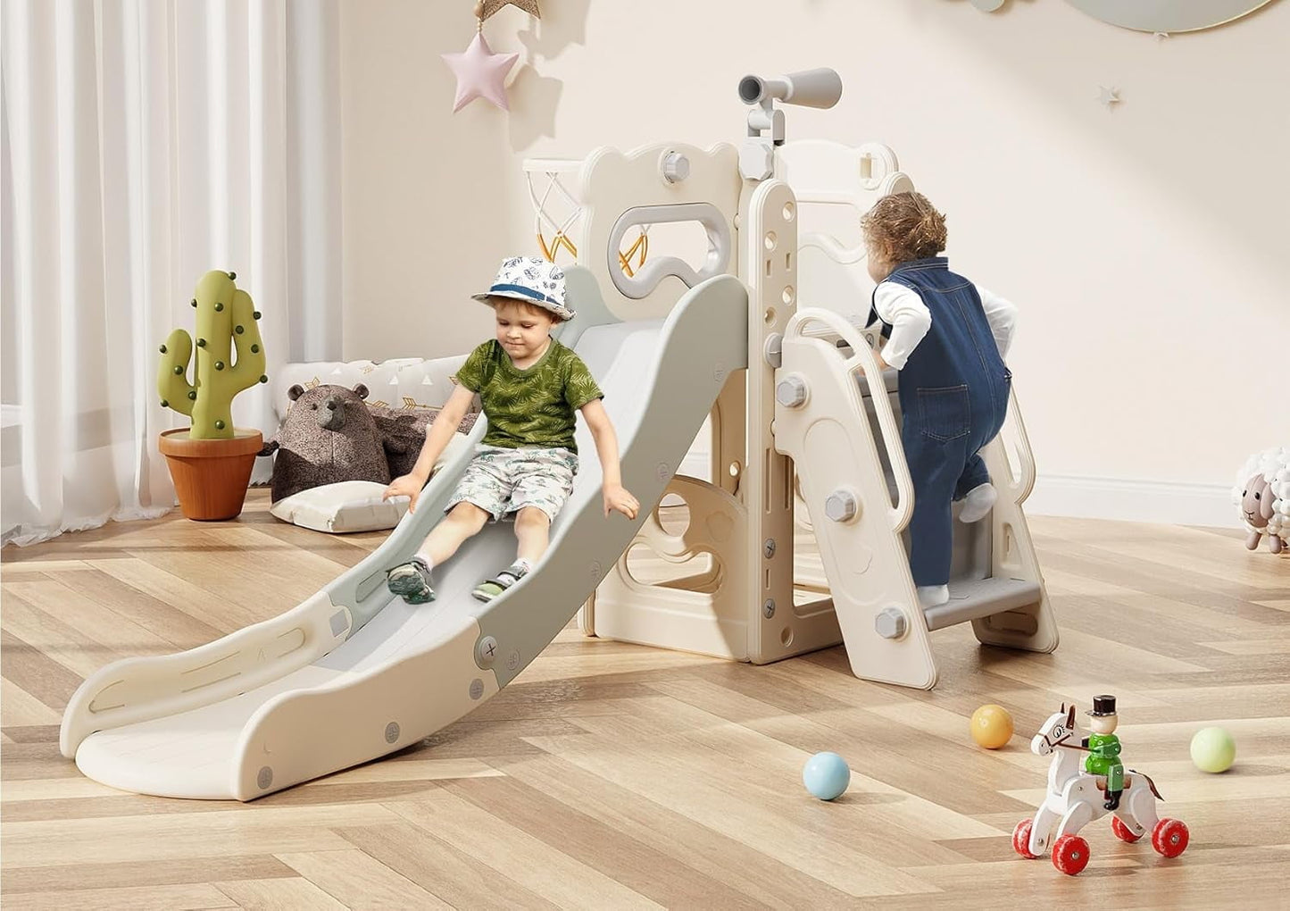 PNKKODW 6 in1 Toddler WatchTower Slide for Kids Ages 1-3 Indoor Outdoor Sliding Playset w/ Basketball Hoop Telescope