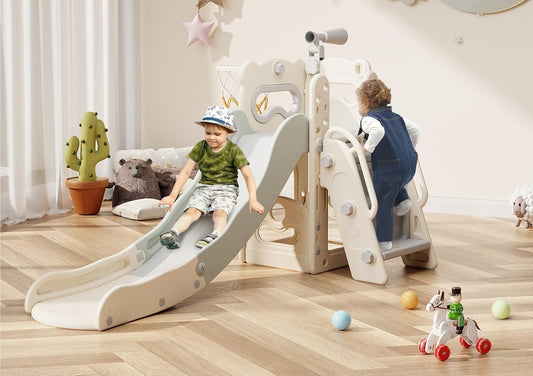 PNKKODW 6 in1 Toddler WatchTower Slide for Kids Ages 1-3 Indoor Outdoor Sliding Playset w/ Basketball Hoop Telescope