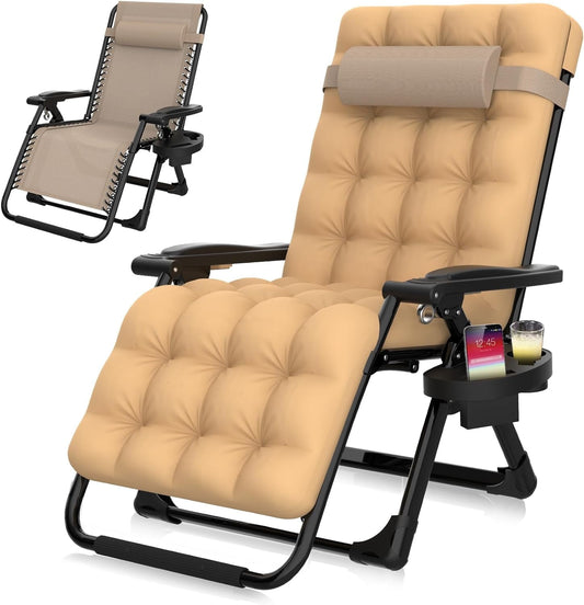 PNKKODW Zero Gravity Chair, Reclining Camping Lounge Chair w/Removable Cushion, Upgraded Lock and Cup Holder, Reclining Patio Chairs Folding Recliner for Indoor and Outdoor Beige