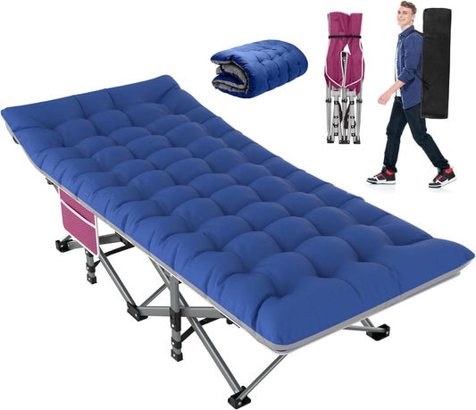 PNKKODW 75"x28" XL Folding Camping Cot for Adults with Mattress, Portable Camping Bed with Carry Bag for Office Home Nap, Outdoor, Camping, Travel, Max Load 500lbs Stripe Red Cot Blue/Gray Pad