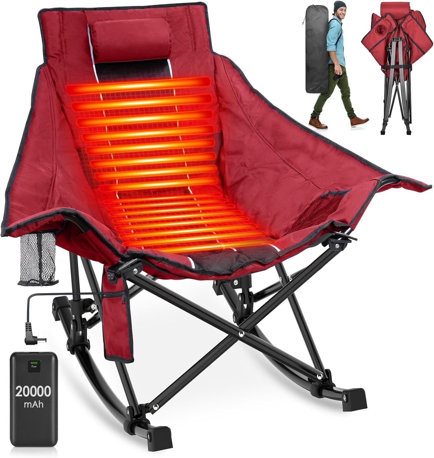 PNKKODW Heated Camping Chair, Oversized Outdoor Rocking Chair with 20000mAh Power Bank, Portable Folding Heated Chair for Camp, Lawn, Sports, Winter Use