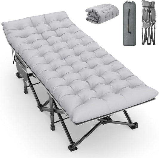 PNKKODW 75"x32" XXL Folding Camping Cot for Adults with Mattress, Portable Camping Bed, Sleeping Cot with Carry Bag for Office Home Nap, Outdoor, Camping, Travel, Max Load 500lbs Gray Cot Gray Pad
