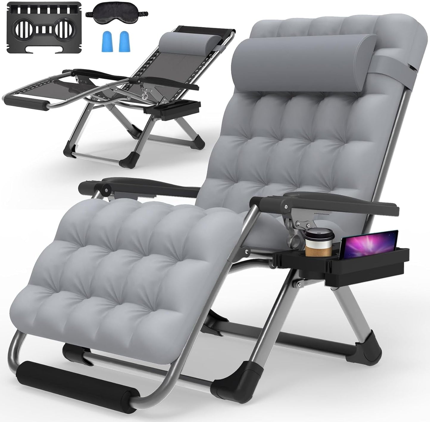 PNKKODW Oversized Zero Gravity Chair,33In XXL Lounge Chair w/Removable Cushion&Headrest, Reclining Camping Chair w/Upgraded Lock and Footrest, Reclining Patio Chairs Recliner for Indoor Outdoor Gray